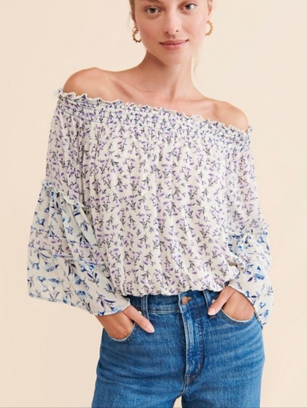 Free People Floral Off Shoulder Smocked Bell Sleeve Boho/ Festival/ 70s Small